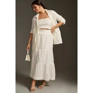 Anthropologie Somerset Skirt Eyelet Edition Petite Medium White Smock Midi Boho
